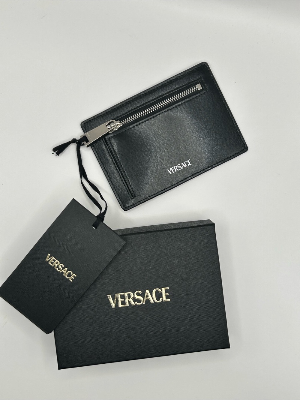 Versace Black Leather Zip Card Case with Silver Hardware